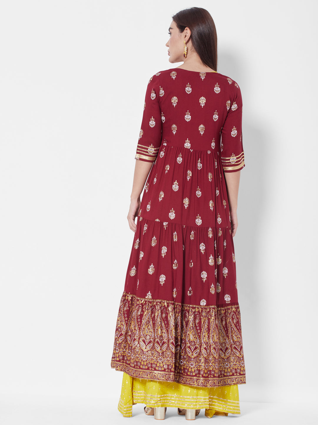 Vedic Ethnic Motifs Printed Embroidery Maxi Ethnic Dress With Jacket
