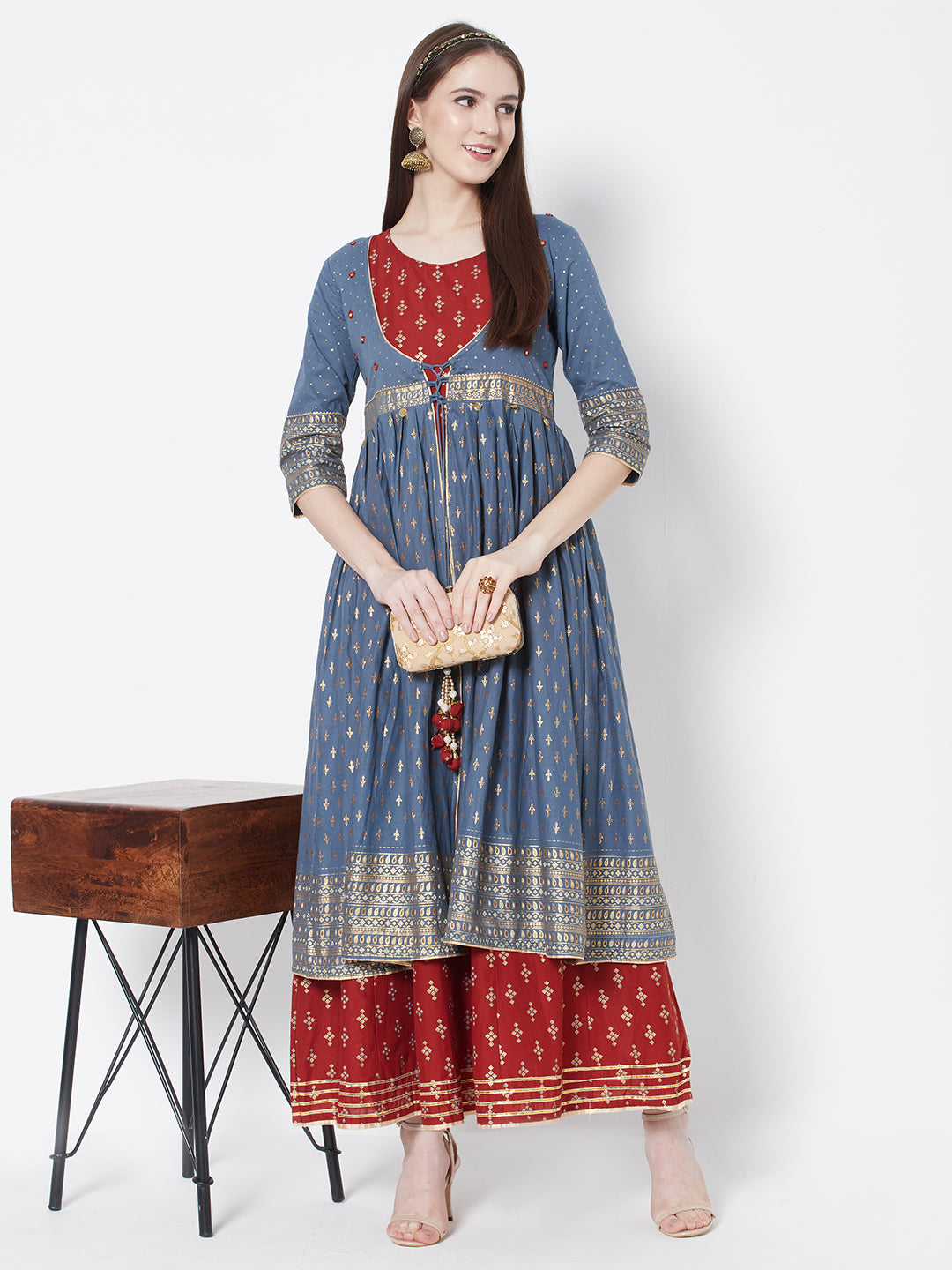 Vedic Ethnic Motifs Printed Fit  Flare Cotton Maxi Ethnic Dress with Jacket