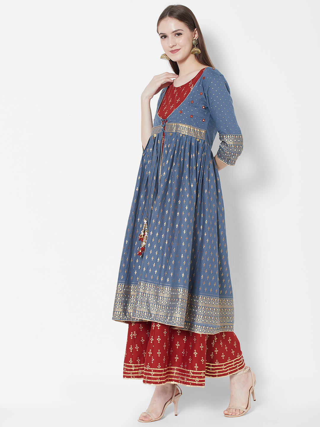 Vedic Ethnic Motifs Printed Fit  Flare Cotton Maxi Ethnic Dress with Jacket