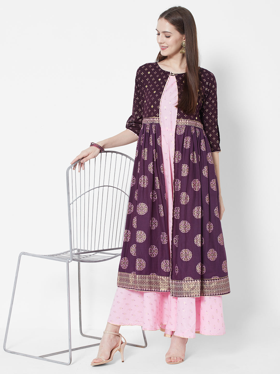 Vedic Ethnic Motifs Printed Layered Cotton Ethnic Maxi Dress