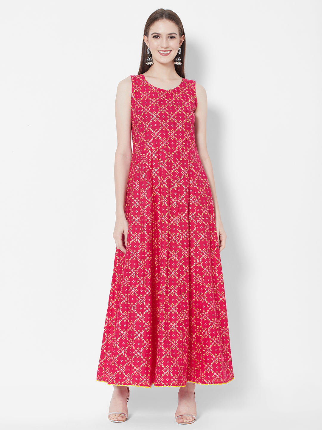 Vedic Ethnic Motifs Printed Cotton Layered Maxi Dress With Sequinned Details