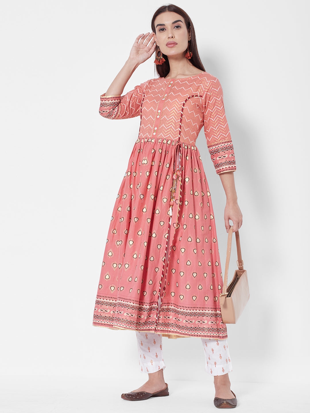 Vedic Women Red Ethnic Motifs Printed Pleated Liva Kurti with Trousers