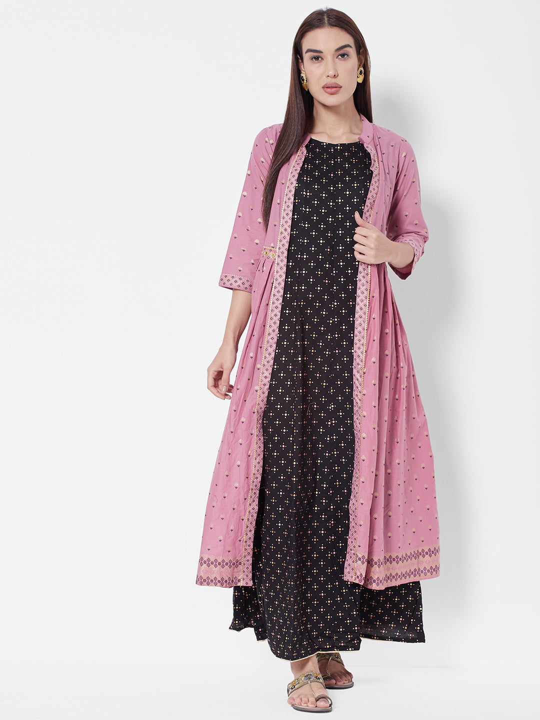 Vedic Ethnic Motifs Printed Cotton Maxi Dress With Long Shrug