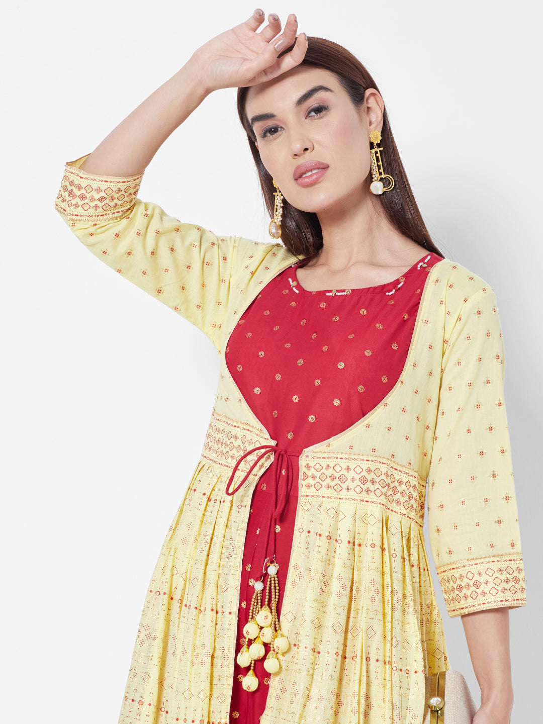 Ishin Self Design V-Neck Bell Sleeves Gathered Detail Cotton Fit & Flare  Dress - Absolutely Desi