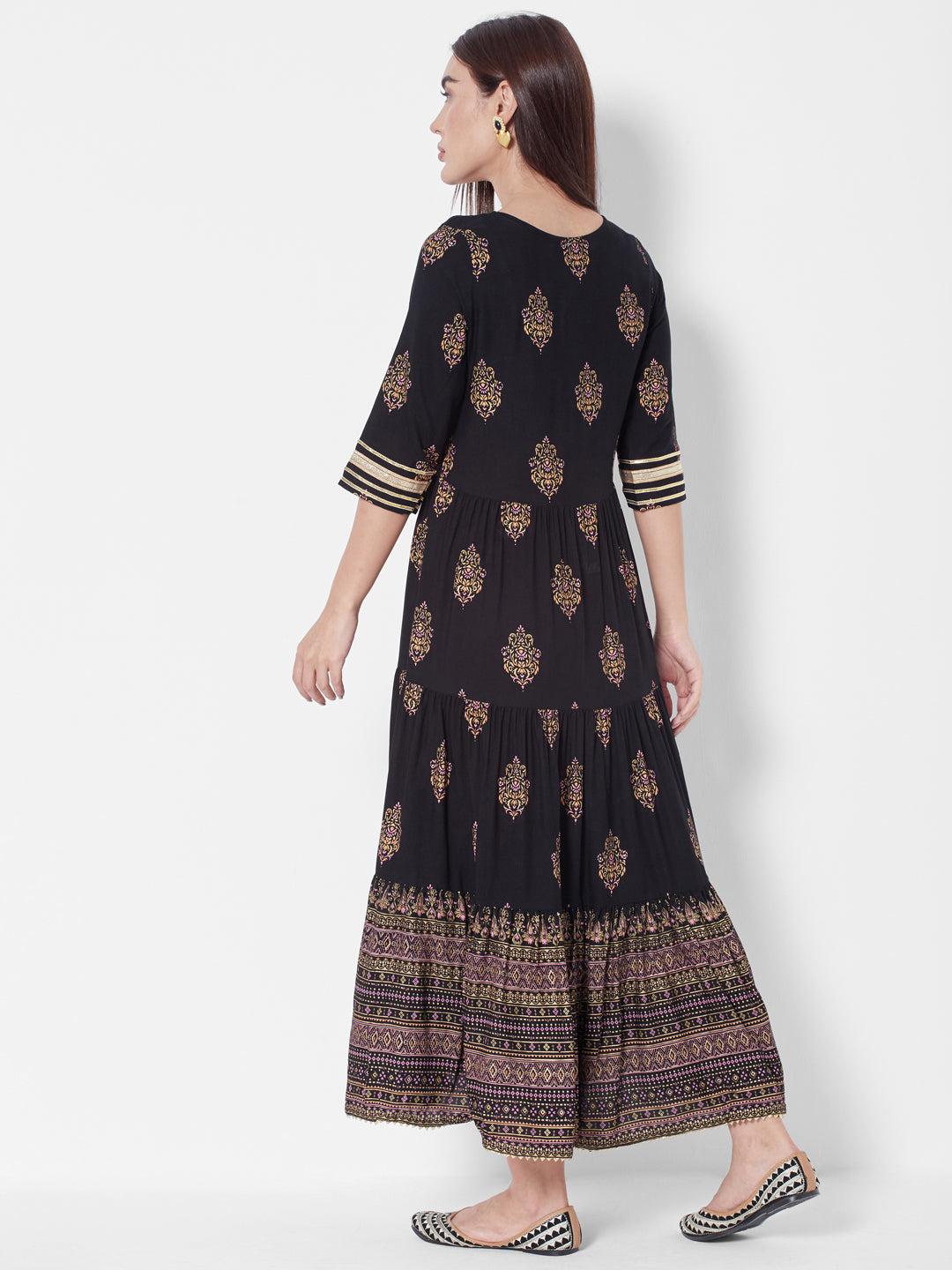 Vedic Ethnic Motifs Printed Tiered A-Line Ethnic Dress
