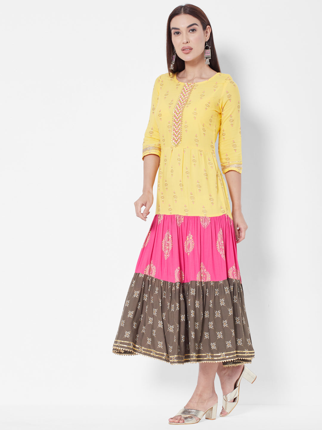 Vedic Ethnic Motifs Ethnic A-Line Tiered Midi Dress