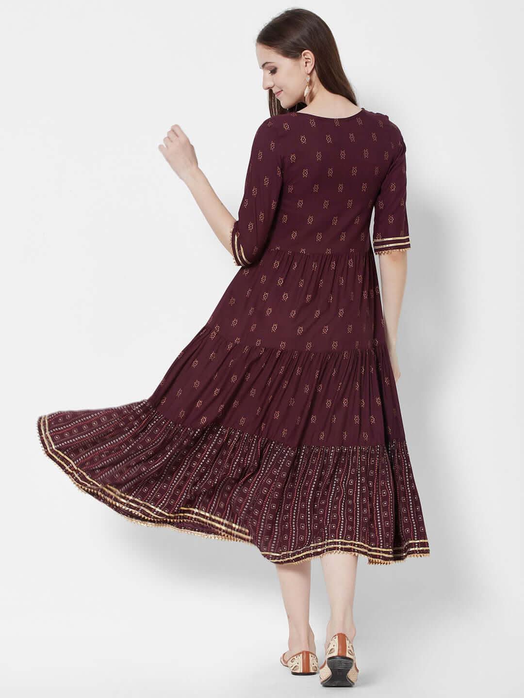 Vedic Printed Fit  Flare Tiered Midi Ethnic Dress - Vedic Apparel Private Limited