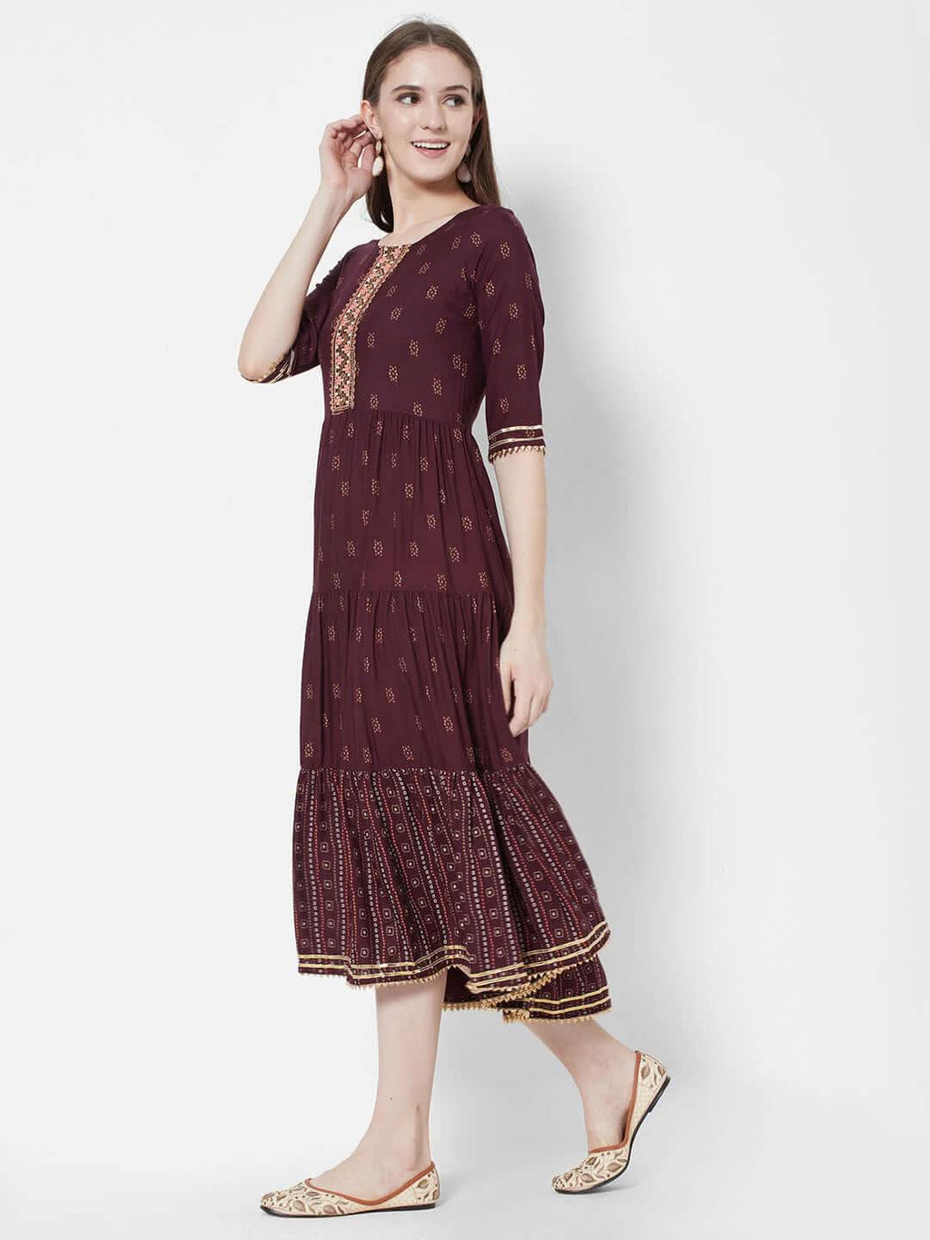 Vedic Printed Fit  Flare Tiered Midi Ethnic Dress - Vedic Apparel Private Limited
