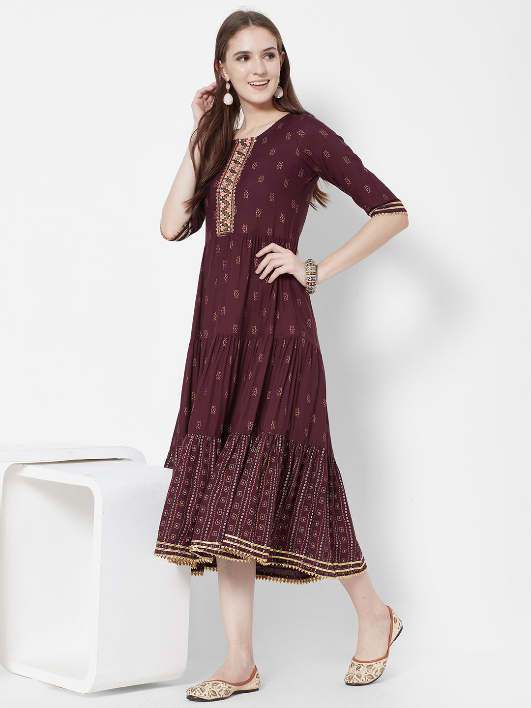 Vedic Printed Fit  Flare Tiered Midi Ethnic Dress