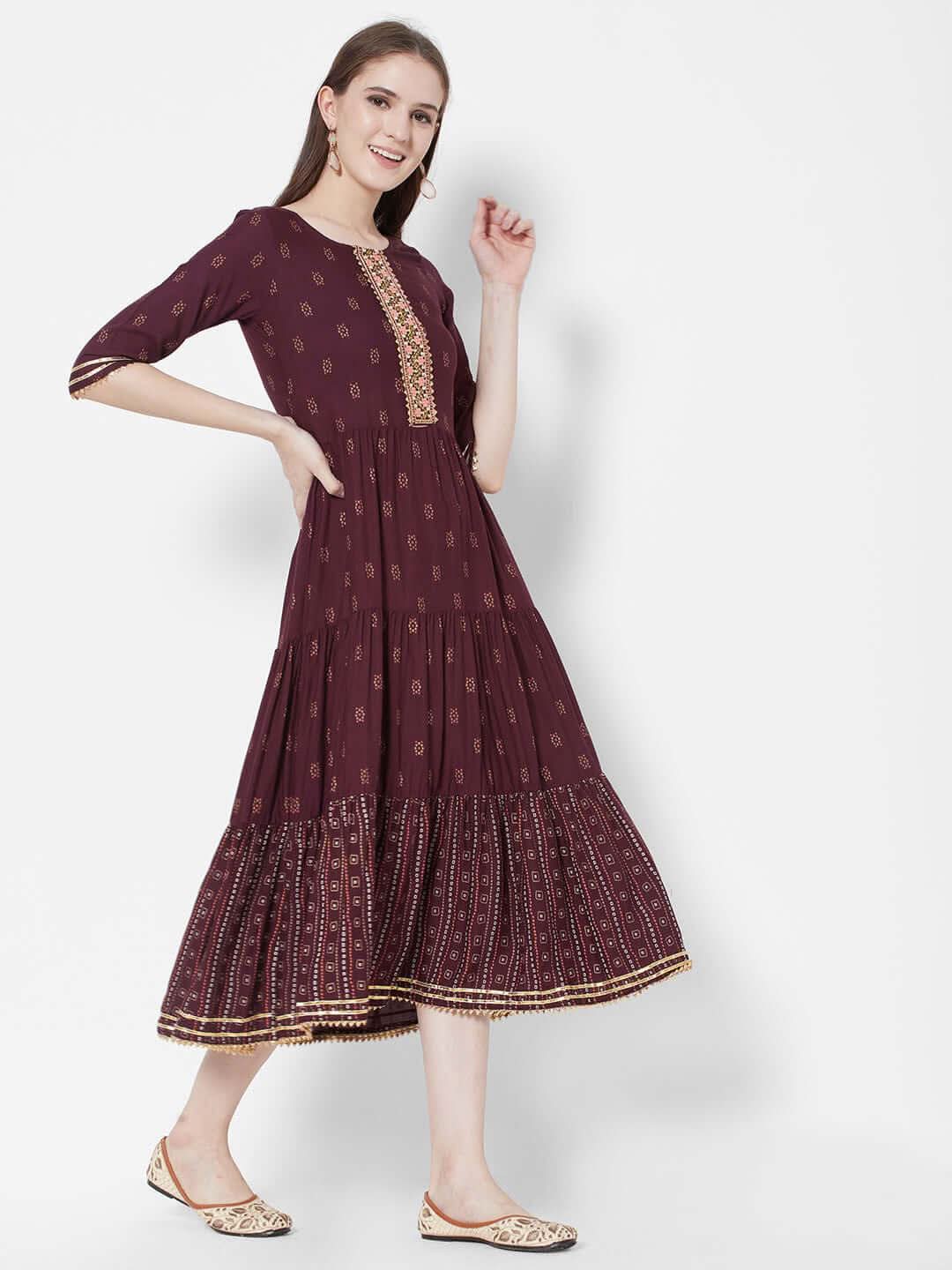 Vedic Printed Fit  Flare Tiered Midi Ethnic Dress - Vedic Apparel Private Limited