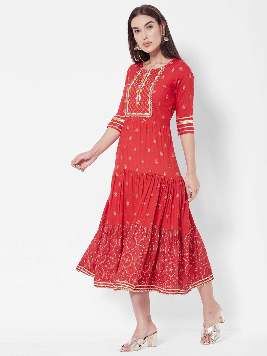 Vedic Floral Printed Sequinned Ethnic Tiered Ethnic Dress