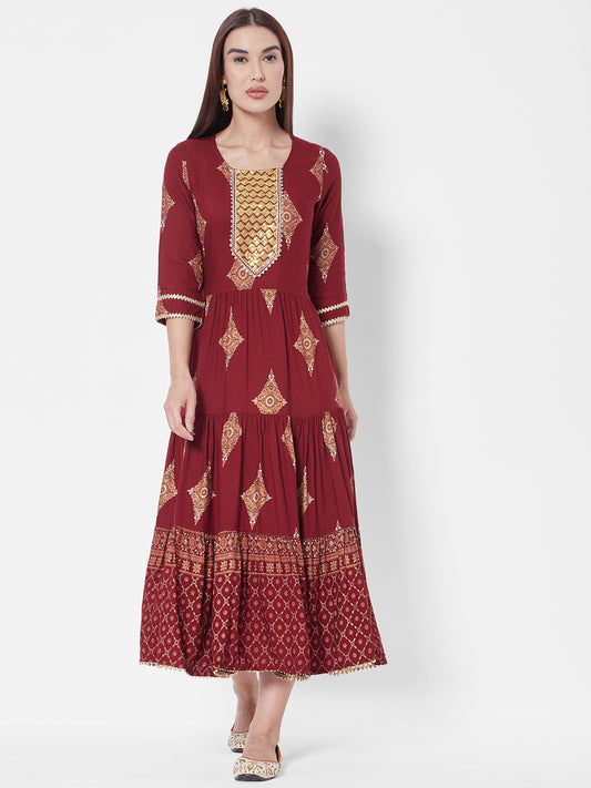 Vedic Maroon Ethnic Motifs Printed A-Line Midi Ethnic Dress