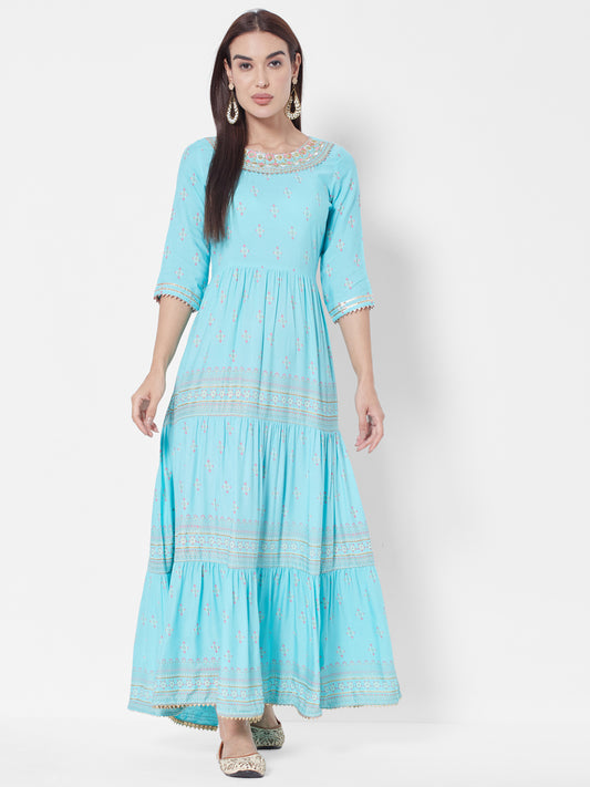 Vedic Blue Ethnic Motifs Printed Embroidered Gotta Patti Ethnic Maxi Dress
