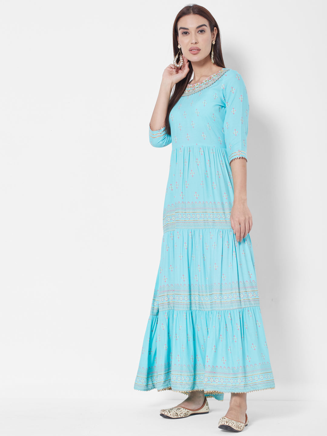 Vedic Blue Ethnic Motifs Printed Embroidered Gotta Patti Ethnic Maxi Dress