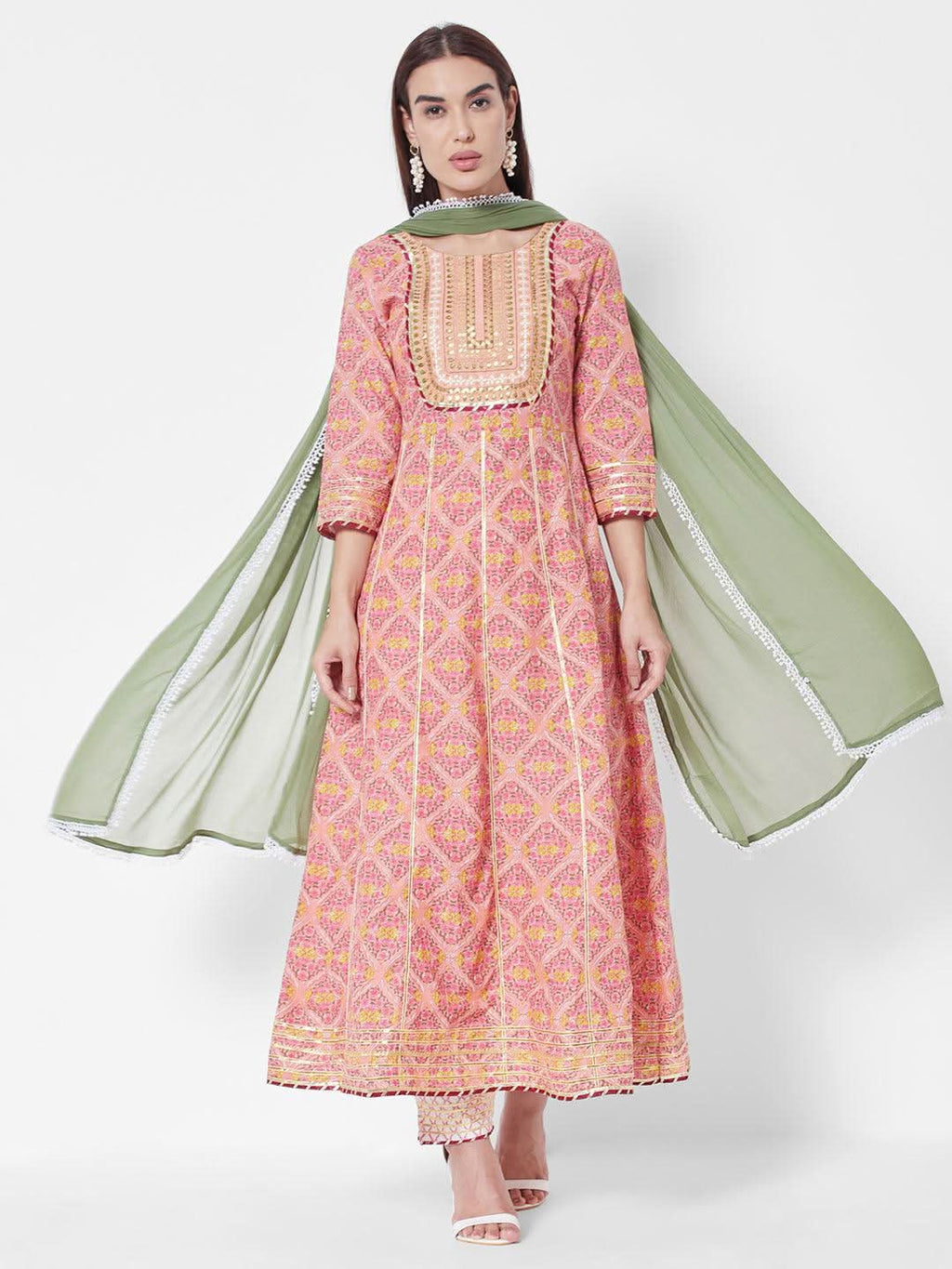 Vedic Women Peach-Coloured Printed Liva Kurta with Trousers  With Dupatta - Vedic Apparel Private Limited