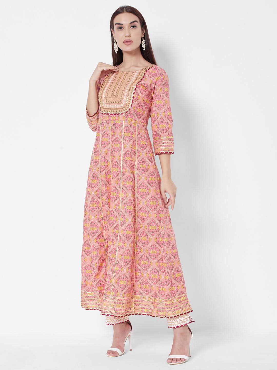 Vedic Women Peach-Coloured Printed Liva Kurta with Trousers  With Dupatta - Vedic Apparel Private Limited