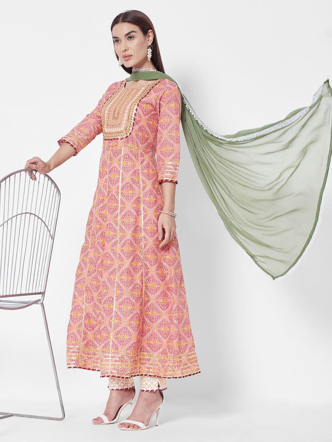 Vedic Women Peach-Coloured Printed Liva Kurta with Trousers  With Dupatta - Vedic Apparel Private Limited