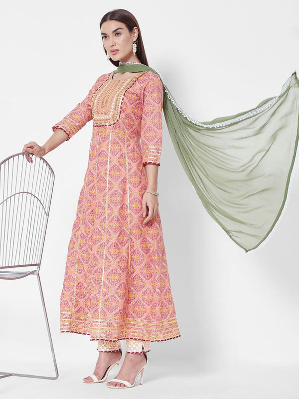 Vedic Women Peach-Coloured Printed Liva Kurta with Trousers  With Dupatta