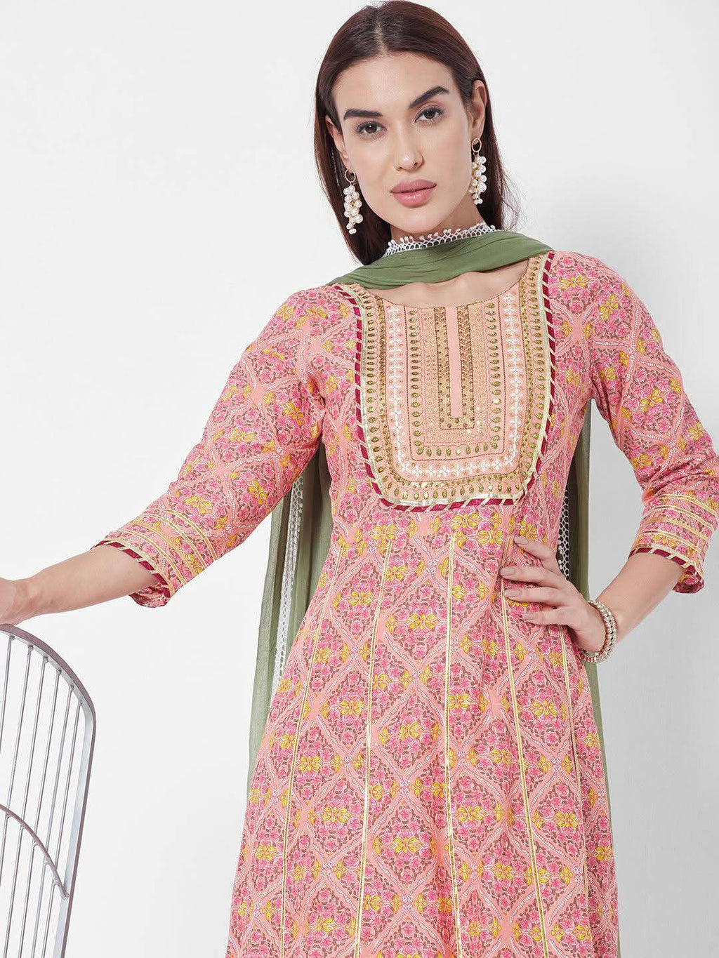 Vedic Women Peach-Coloured Printed Liva Kurta with Trousers  With Dupatta - Vedic Apparel Private Limited