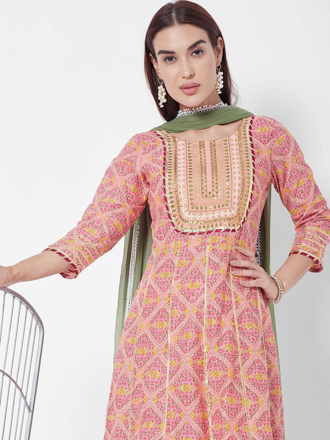 Vedic Women Peach-Coloured Printed Liva Kurta with Trousers  With Dupatta - Vedic Apparel Private Limited