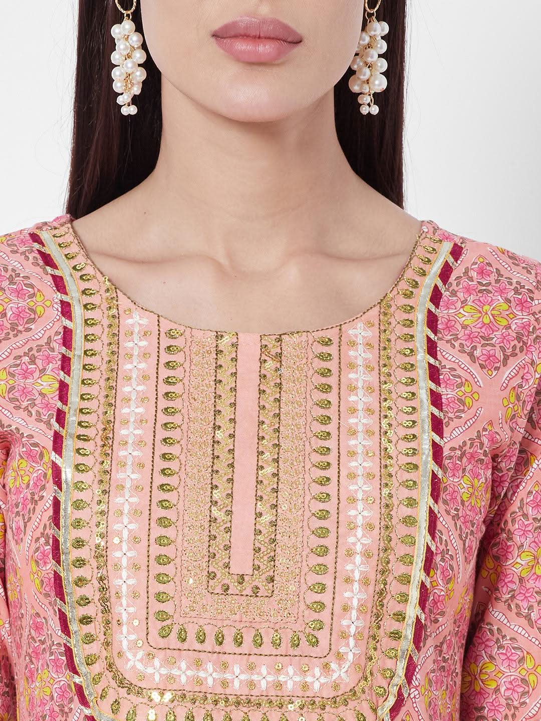 Vedic Women Peach-Coloured Printed Liva Kurta with Trousers  With Dupatta - Vedic Apparel Private Limited