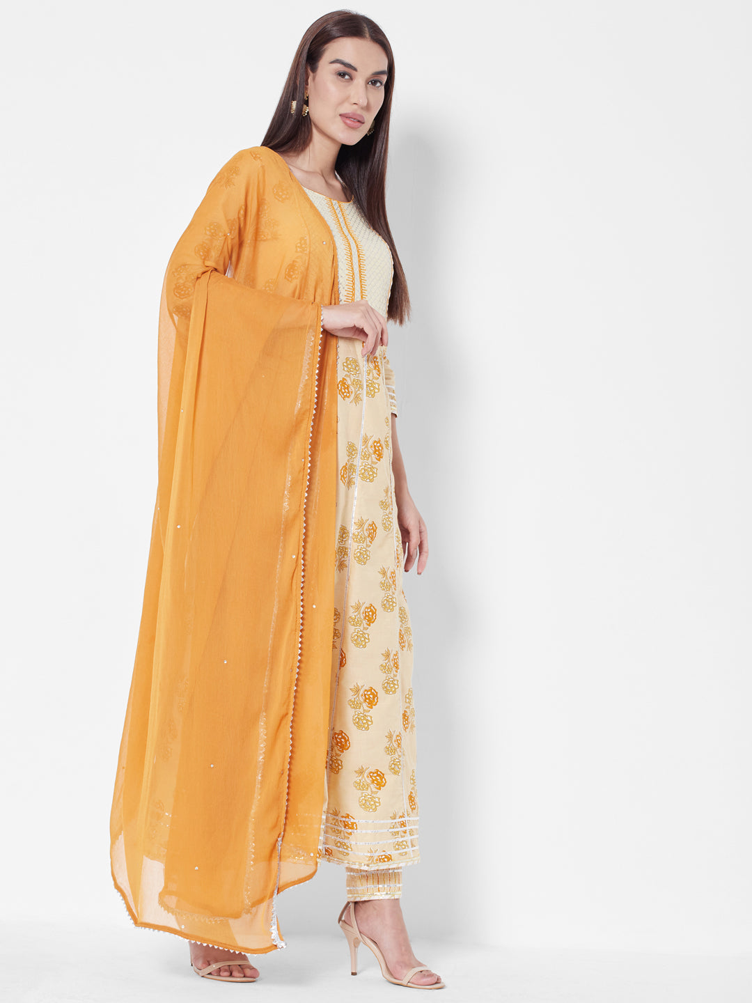 Vedic Women Yellow Printed Layered Liva Kurti with Trousers  With Dupatta