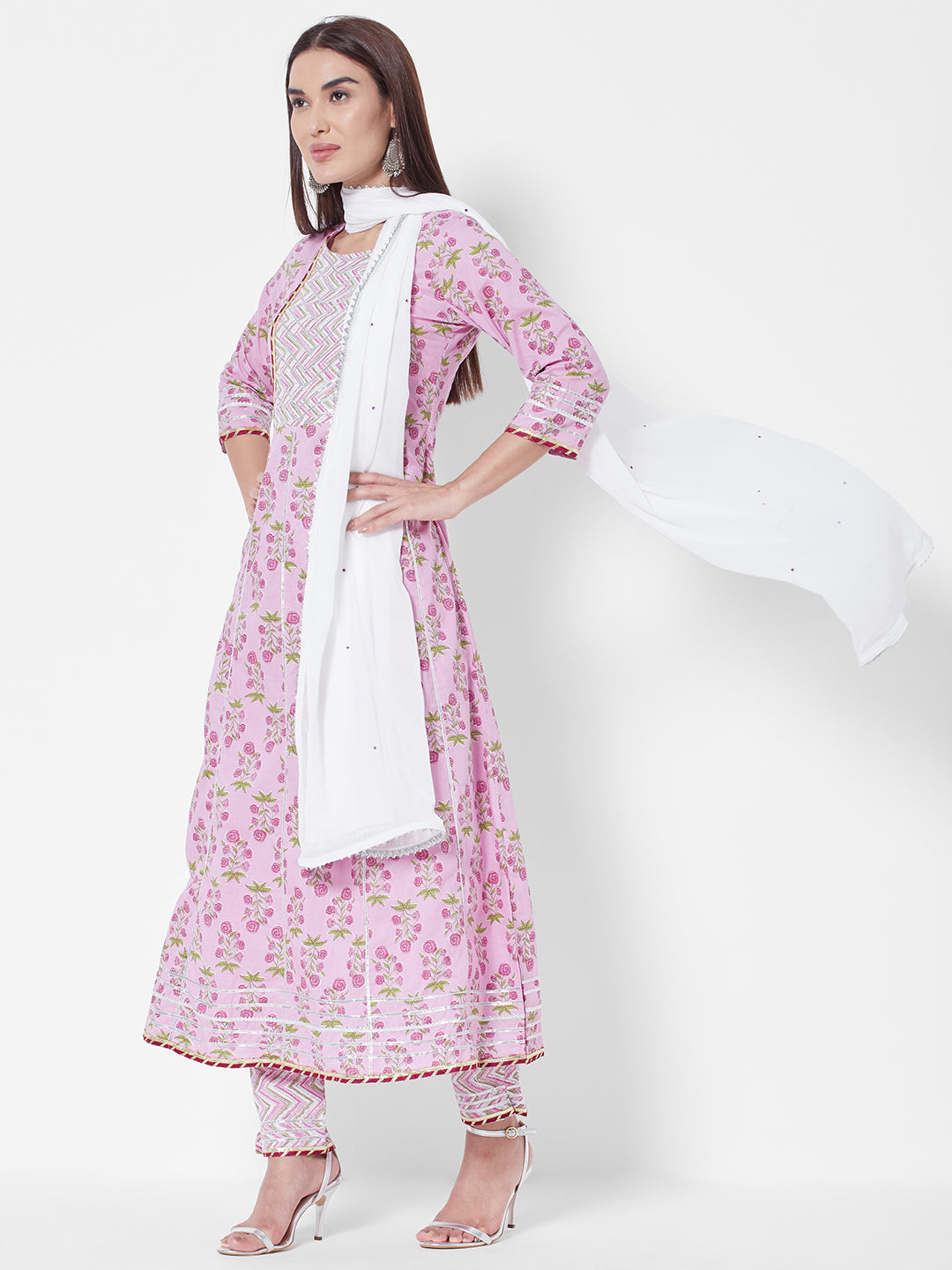 Vedic Women Pink Floral Printed Liva Kurta with Trousers  With Dupatta
