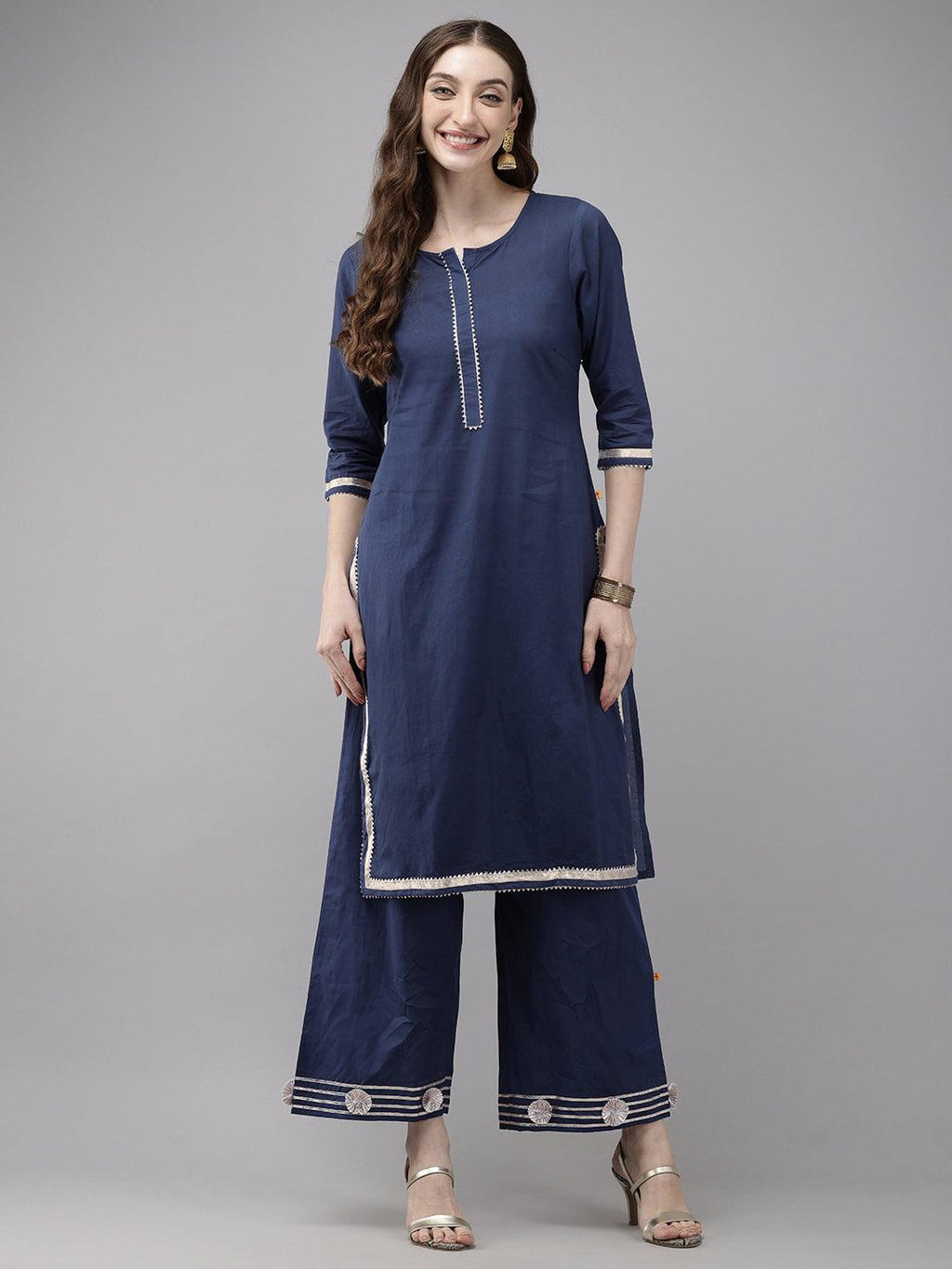 Vedic Women Embellished Laced Straight Kurta And Plazzo(Blue).