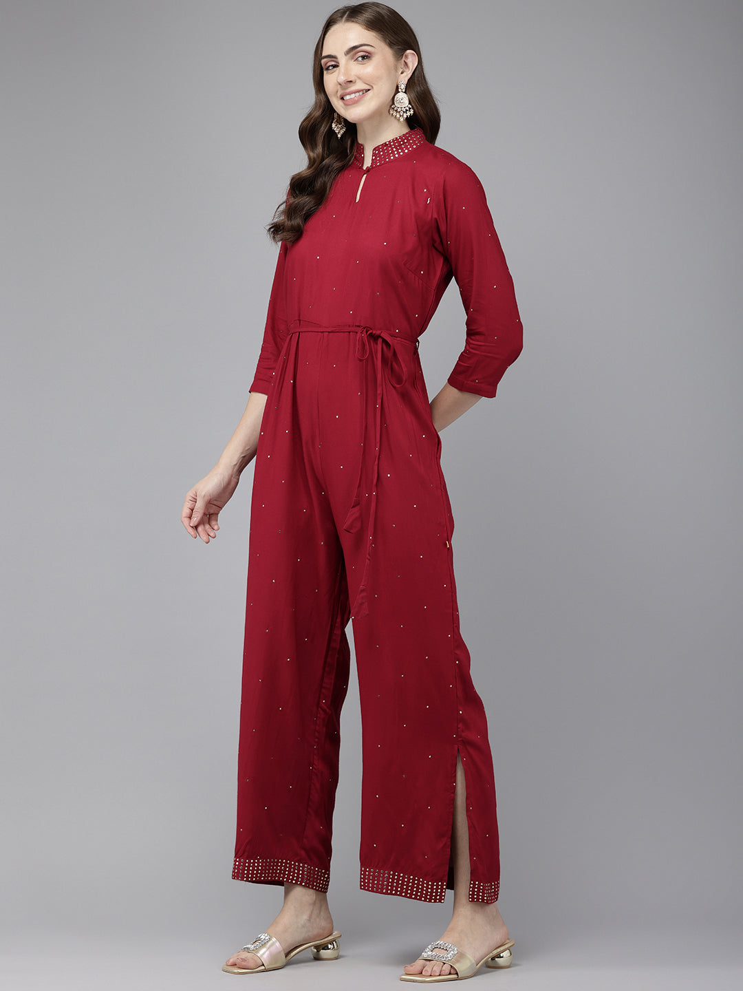 Vedic Maroon Embroidered Jumpsuit for Women