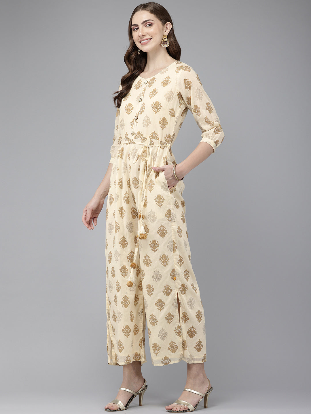 Vedic Cream Embroidered Jumpsuit for Women