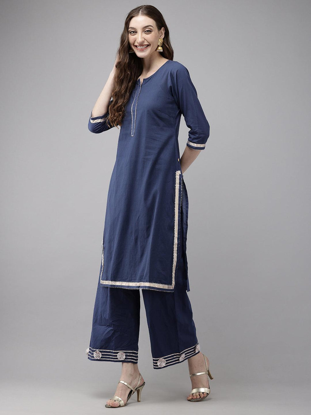 Vedic Women Embellished Laced Straight Kurta And Plazzo(Blue).