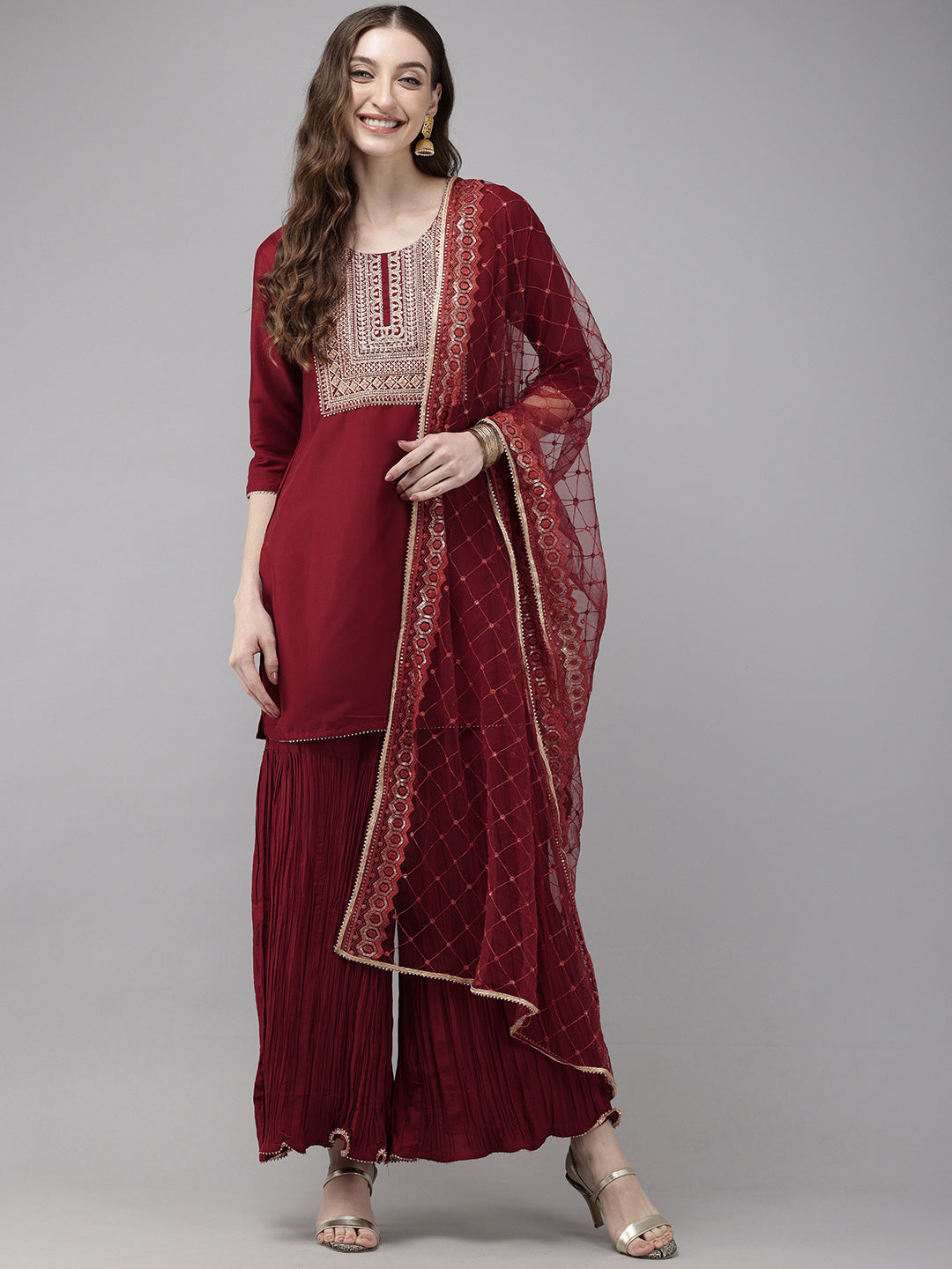 Vedic Women Embroidery Kurta Sharara Dupatta