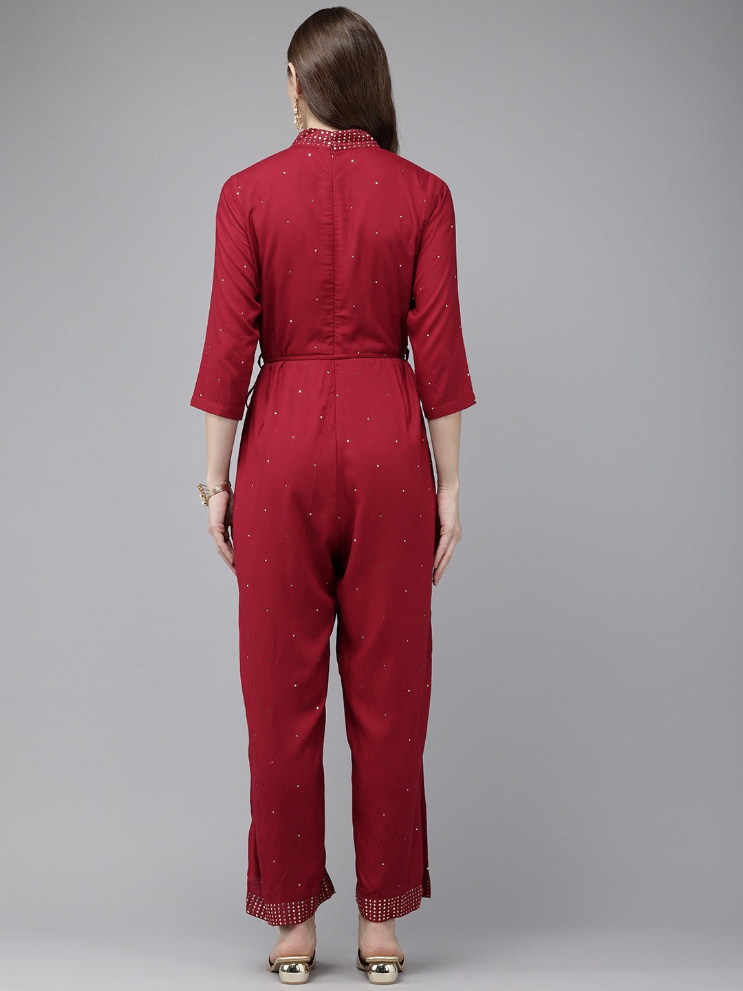 Vedic Maroon Embroidered Jumpsuit for Women