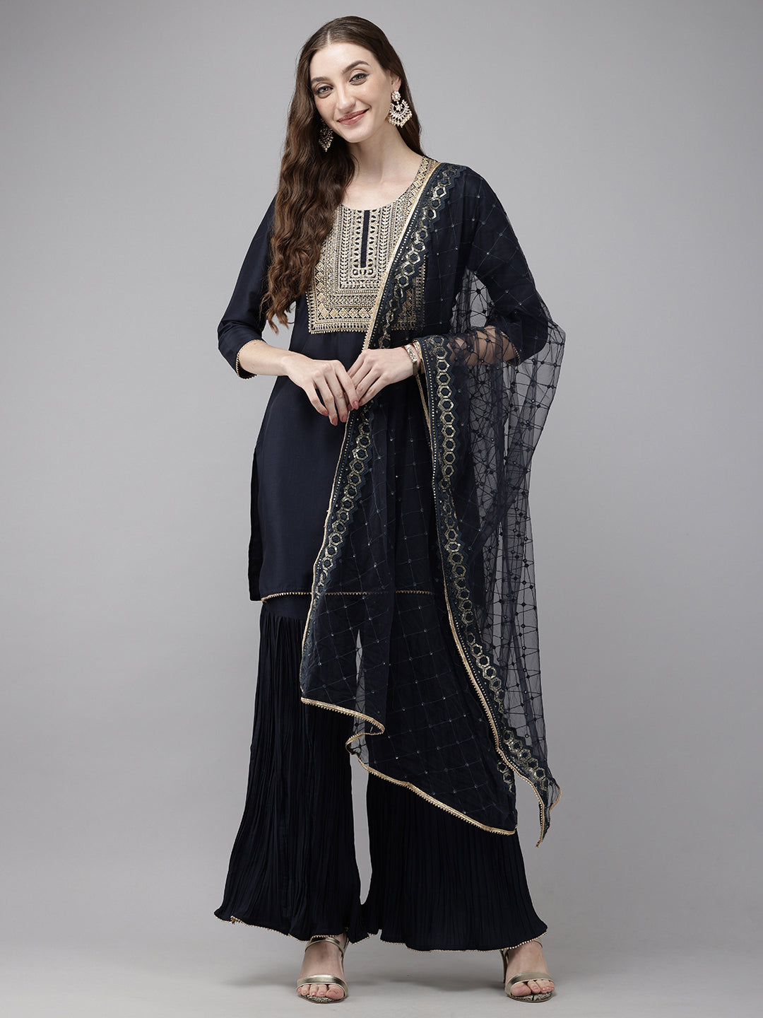 Vedic Women Embroidery Kurta Sharara Dupatta