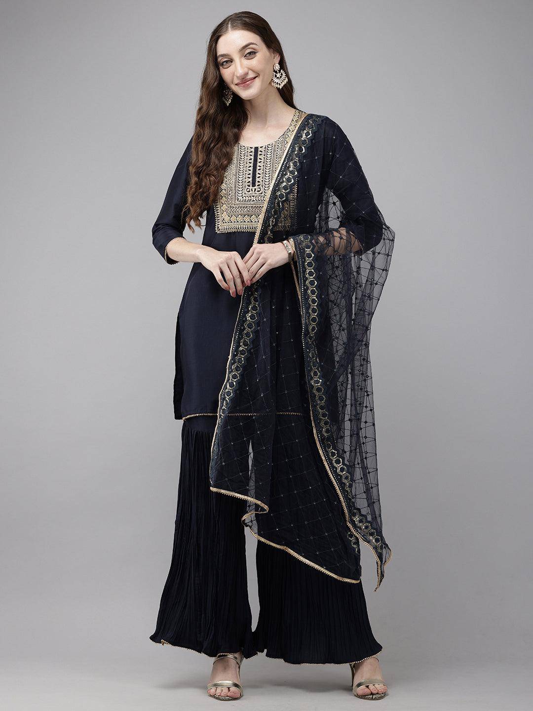 Vedic Women Embroidery Kurta Sharara Dupatta - Vedic Apparel Private Limited
