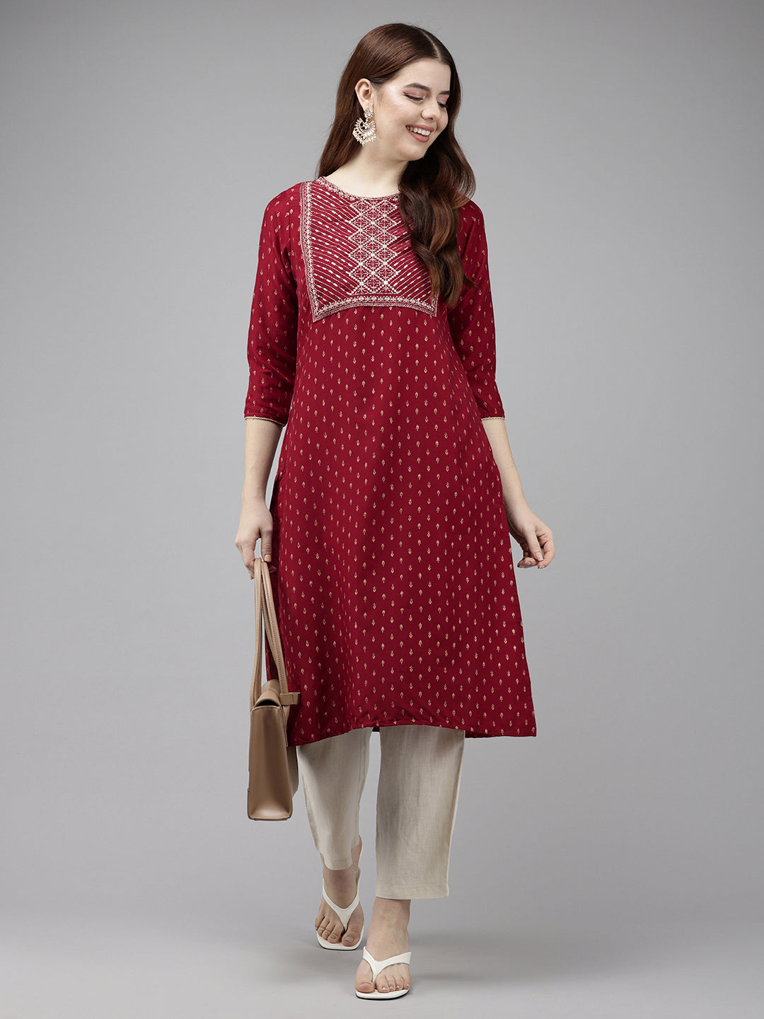 Vedic Women Maroon Geometric Embroidered Sequinned Kurta