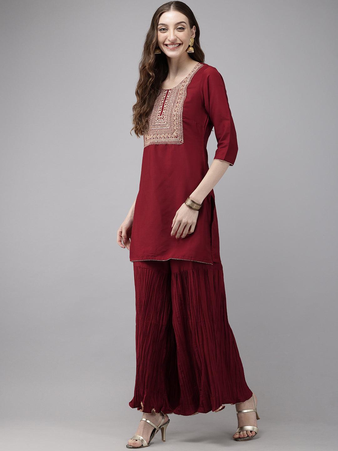 Vedic Women Embroidery Kurta Sharara Dupatta (Maroon).