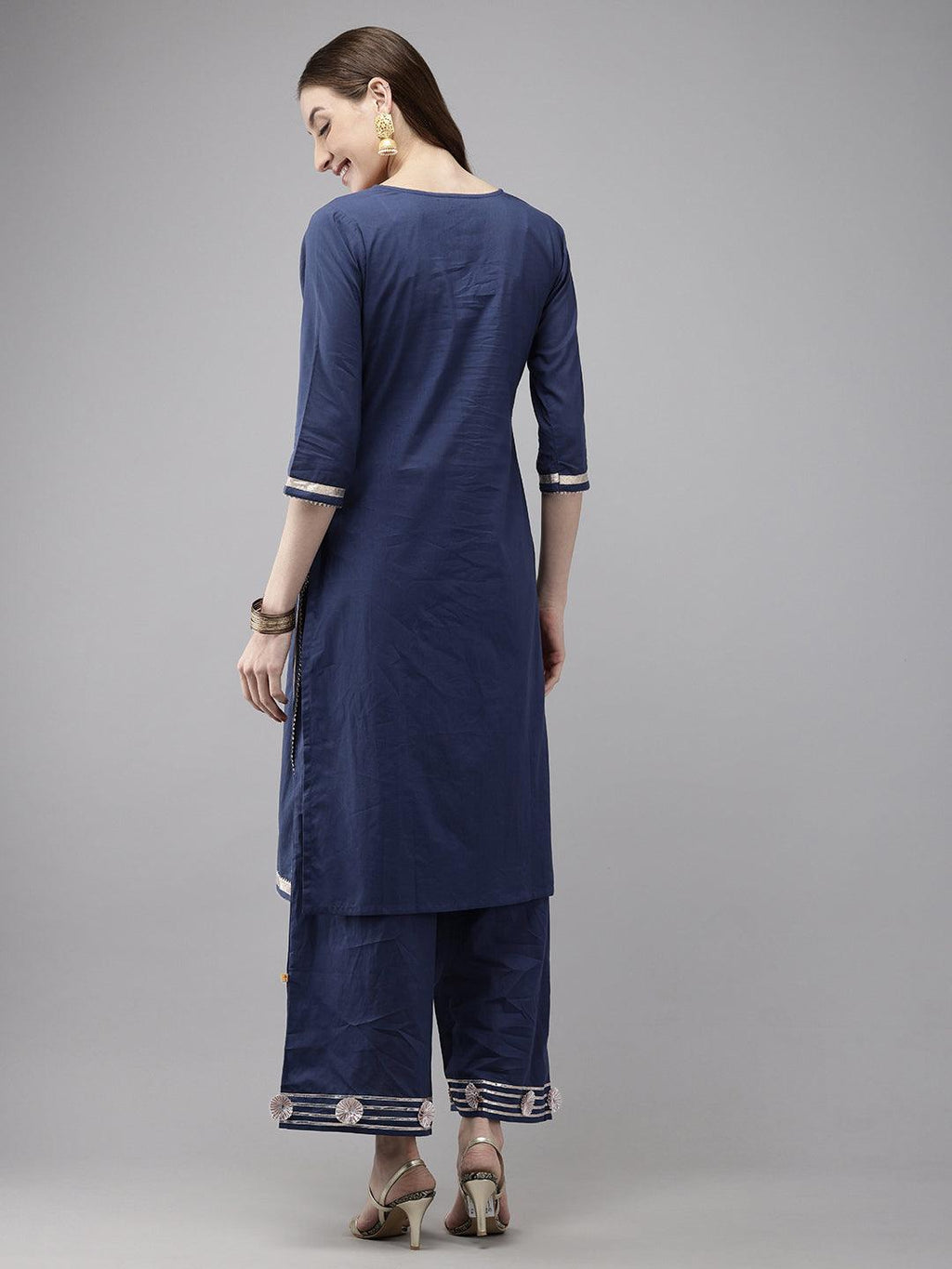 Vedic Women Embellished Laced Straight Kurta And Plazzo(Blue).