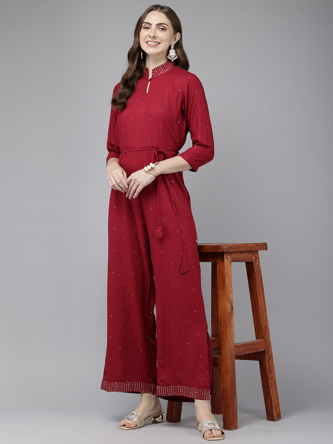 Vedic Maroon Embroidered Jumpsuit for Women - Vedic Apparel Private Limited