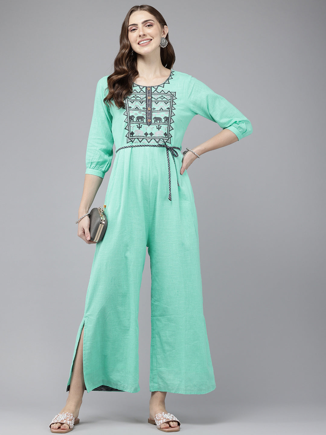 Vedic Ramagreen Embroidered Jumpsuit for Women - Vedic Apparel Private Limited