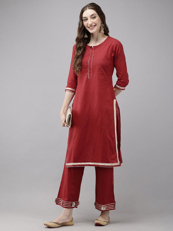 Vedic Women Embellished Laced Straight Kurta And Plazzo(Red)