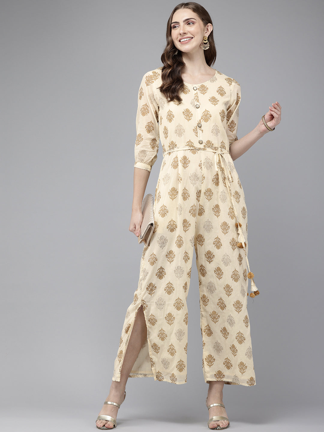 Vedic Cream Embroidered Jumpsuit for Women