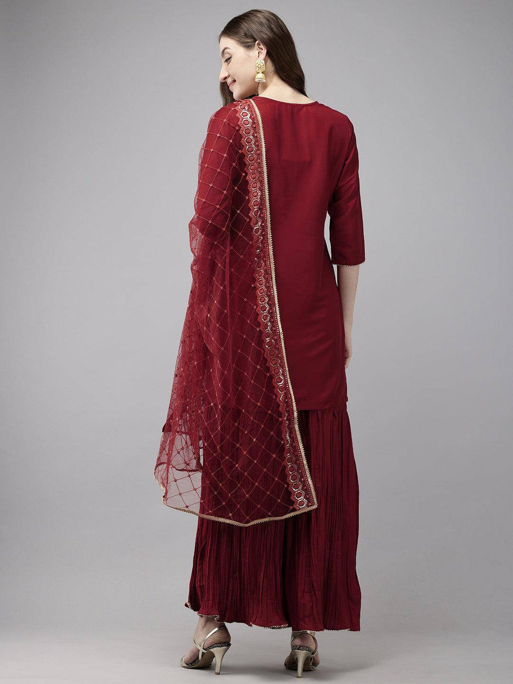 Vedic Women Embroidery Kurta Sharara Dupatta (Maroon).