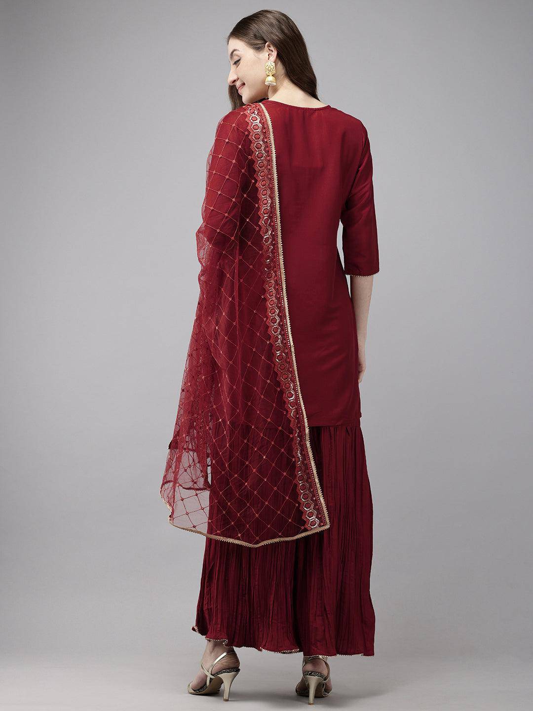 Vedic Women Embroidery Kurta Sharara Dupatta (Maroon).