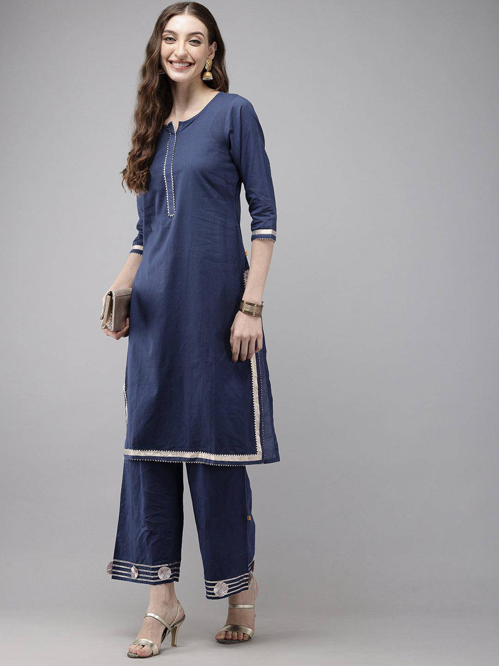 Vedic Women Embellished Laced Straight Kurta And Plazzo(Blue).