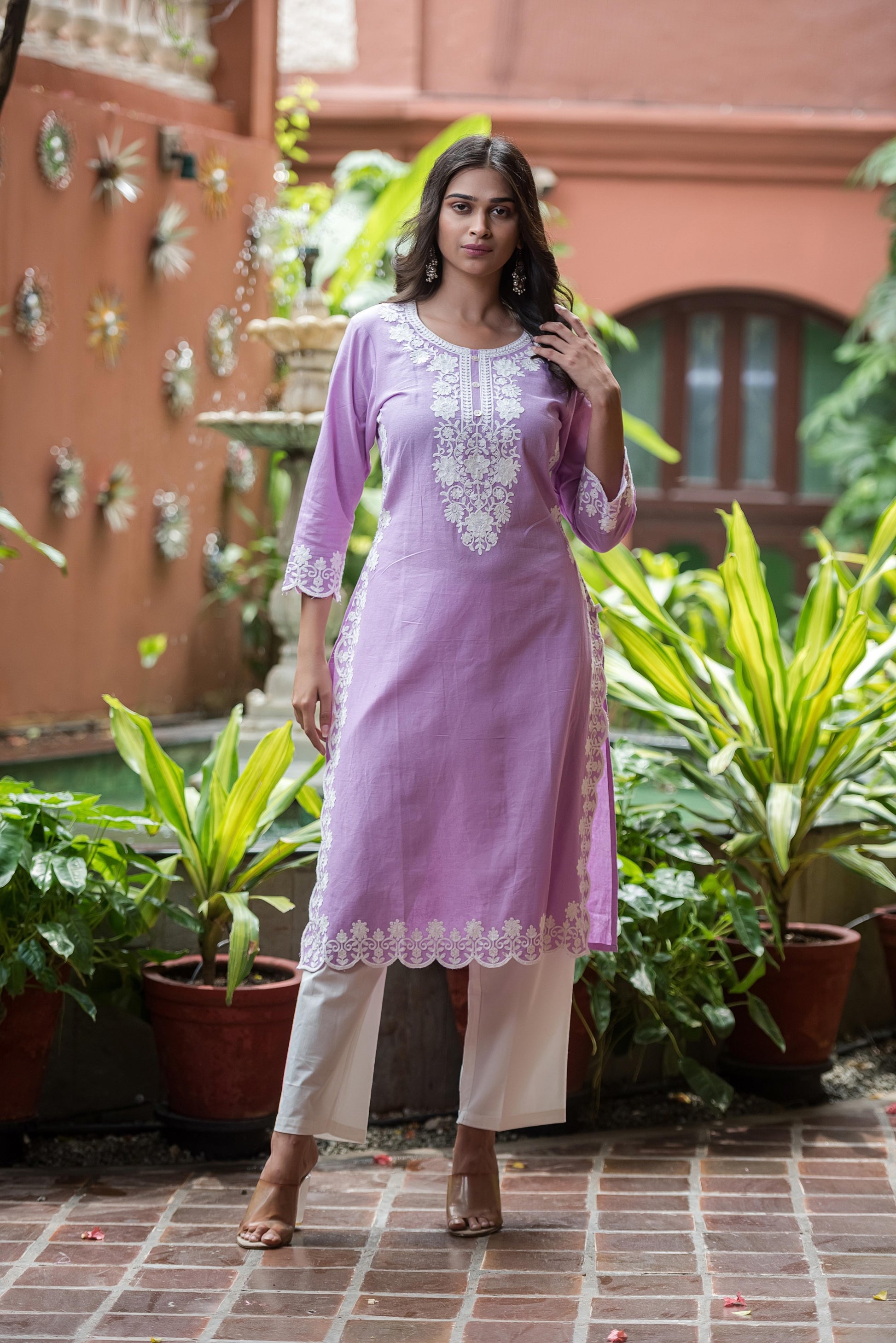Elegant  Embroidered Straight Kurta lavender