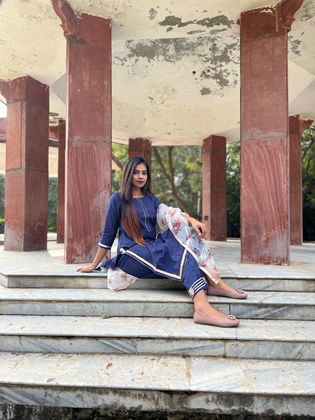 Vedic Ethnic Motifs Blue Straight kurta plazzo with Dupatta - Vedic Apparel Private Limited