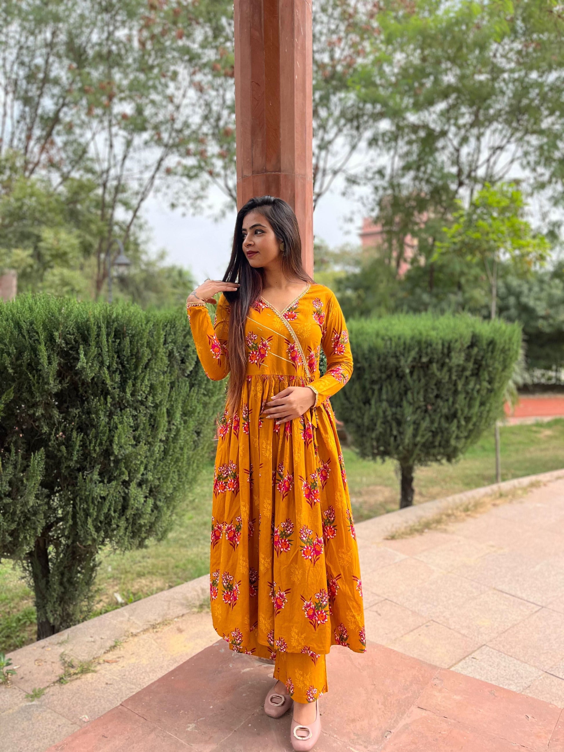 Vedic Ethnic Motifs Mustard Straight kurta pant - Vedic Apparel Private Limited