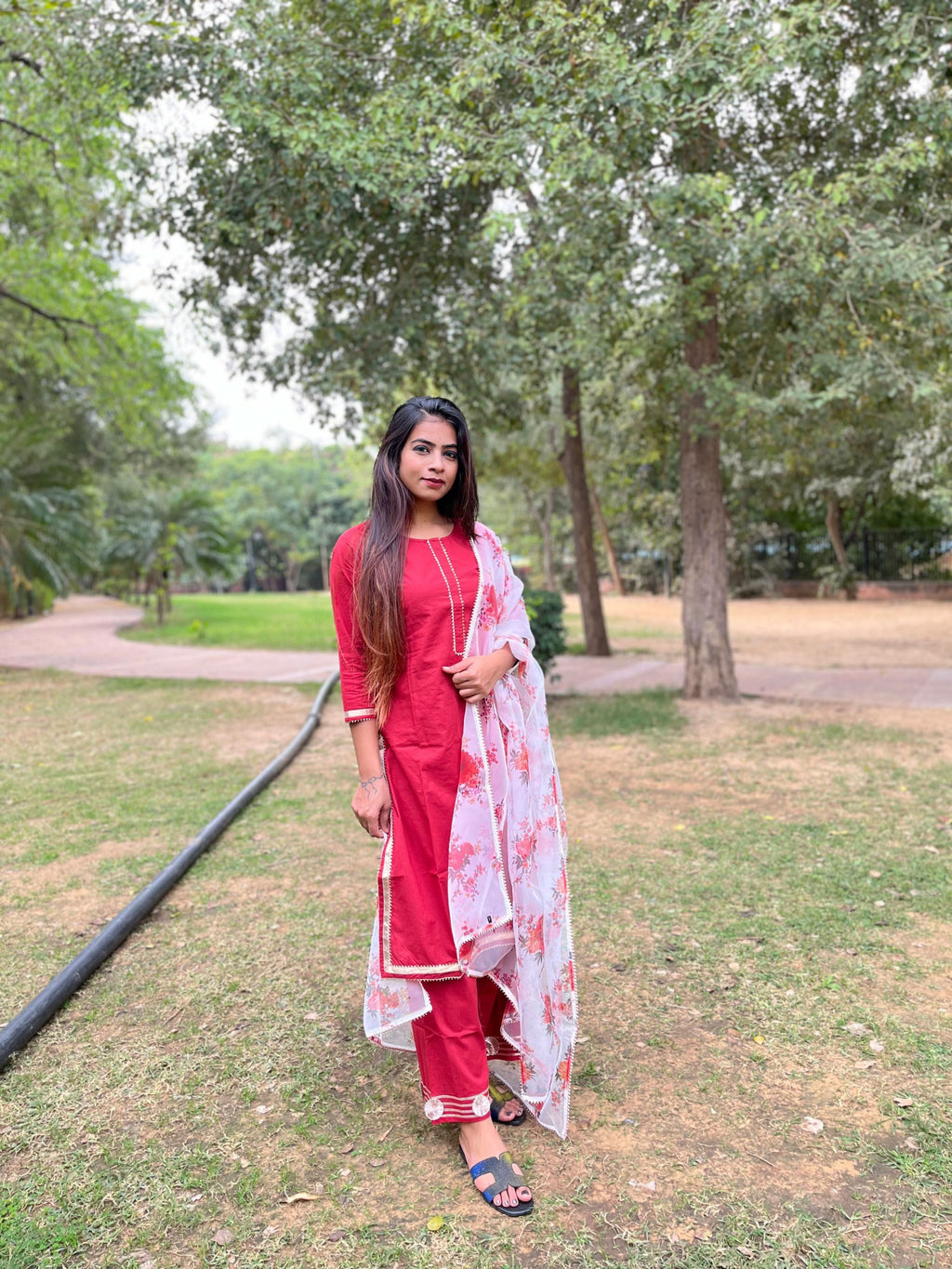 Vedic Ethnic Motifs Red Straight kurta plazzo with Dupatta - Vedic Apparel Private Limited