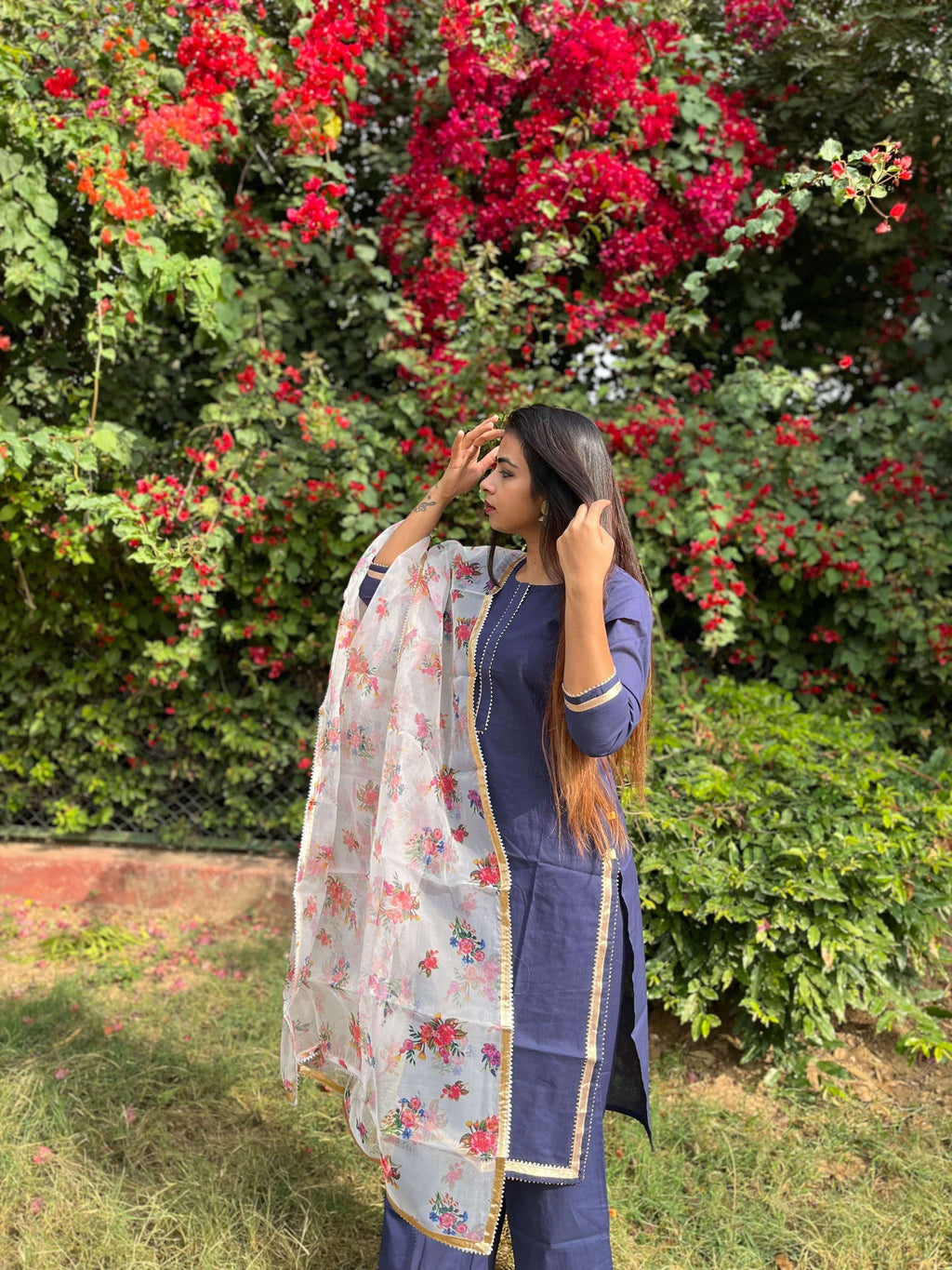 Vedic Ethnic Motifs Blue Straight kurta plazzo with Dupatta - Vedic Apparel Private Limited